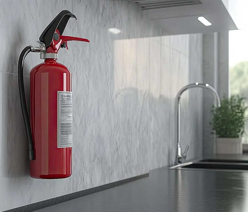 Roter Feuerlöscher an der Wand einer modernen Küche – Symbol für Sicherheit und Brandschutz.