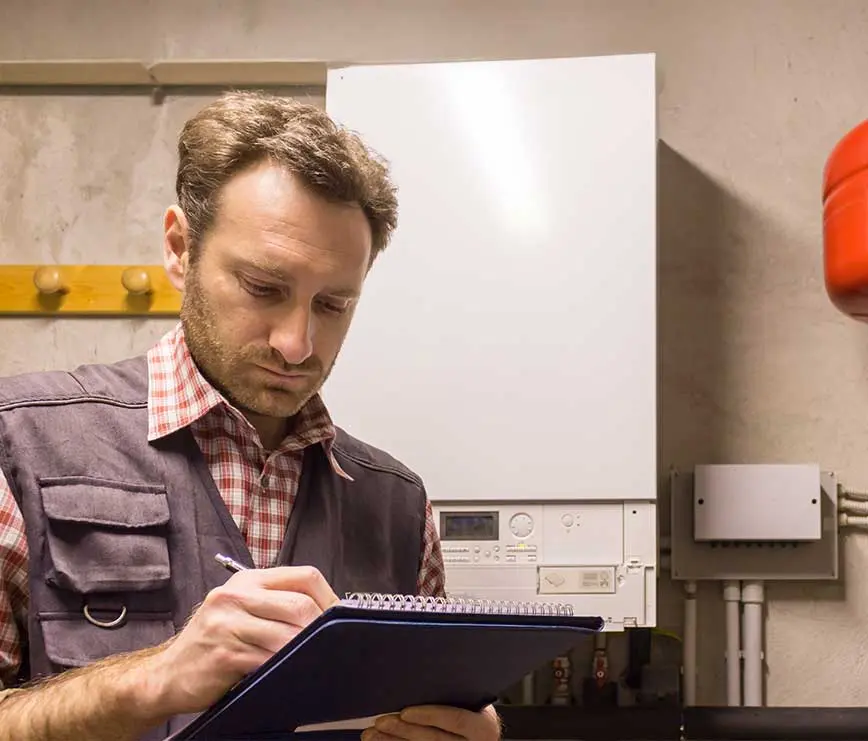 Techniker prüft Gastherme und notiert Werte – Gas-Sicherheitscheck für maximale Betriebssicherheit.