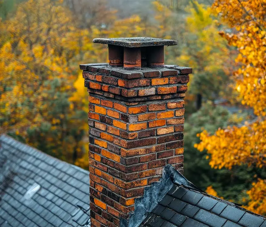 Ziegelschornstein auf Hausdach im Herbst – regelmäßige Kontrolle durch Rauchfangkehrer Molnar.