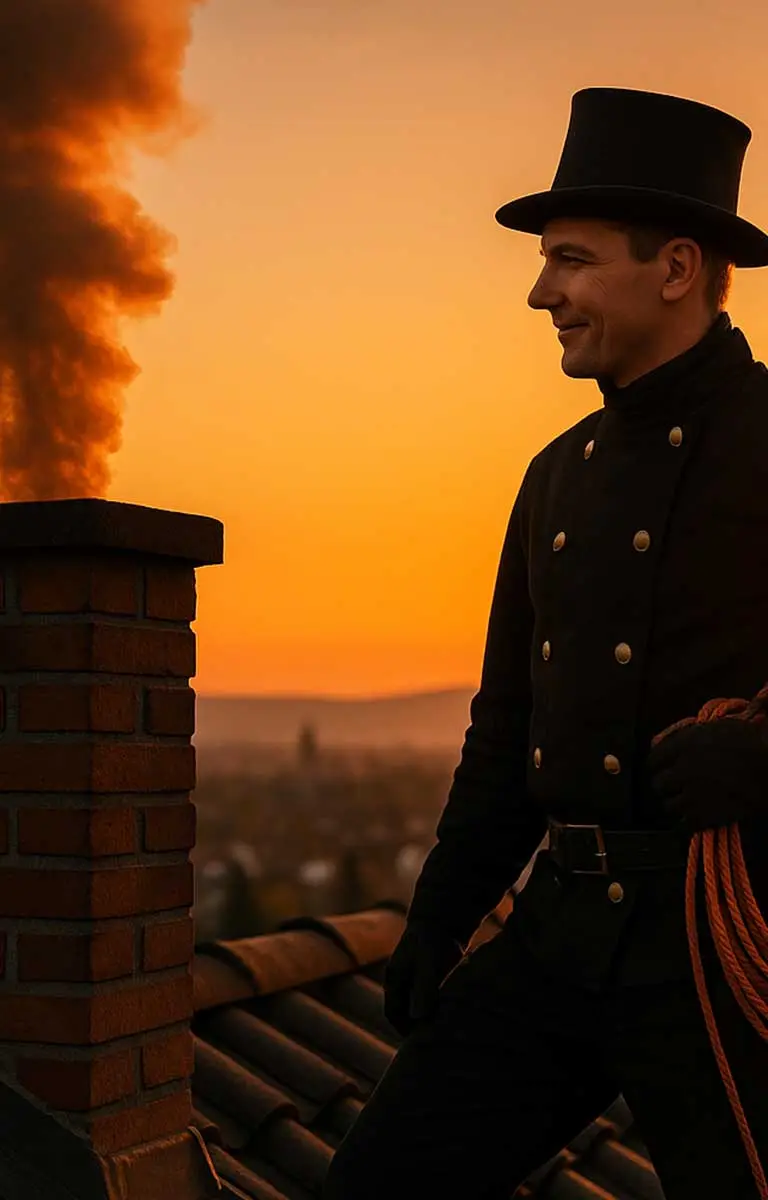 Rauchfangkehrer bei Sonnenuntergang neben rauchendem Kamin